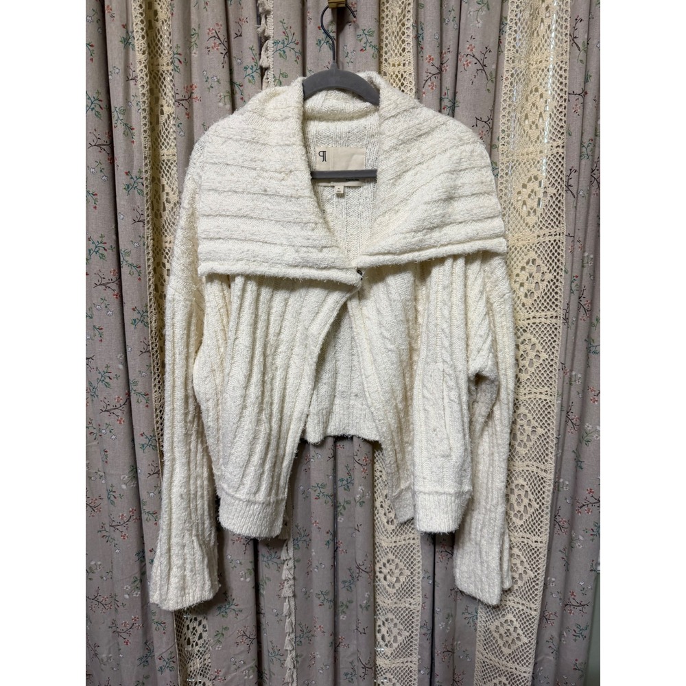 Pilcro Anthropologie XL Ivory Cable Knit Draped Open Front Cardigan